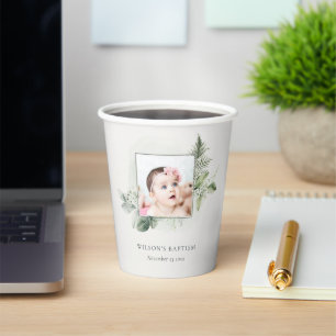 Rustic Green Eucalyptus Fern Foliage Photo Baptism Paper Cups