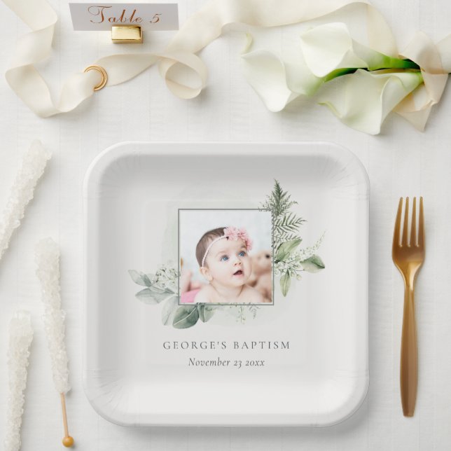 Rustic Green Eucalyptus Fern Foliage Photo Baptism Paper Plate (Wedding)