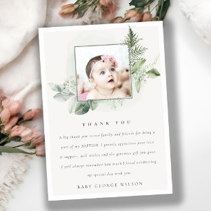 Rustic Green Eucalyptus Fern Foliage Photo Baptism Thank You Card
