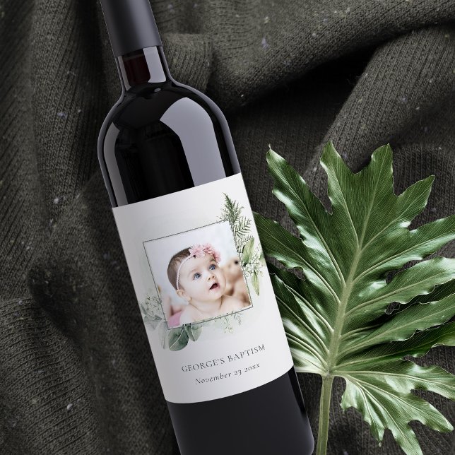 Rustic Green Eucalyptus Fern Foliage Photo Baptism Wine Label (Creator Uploaded)