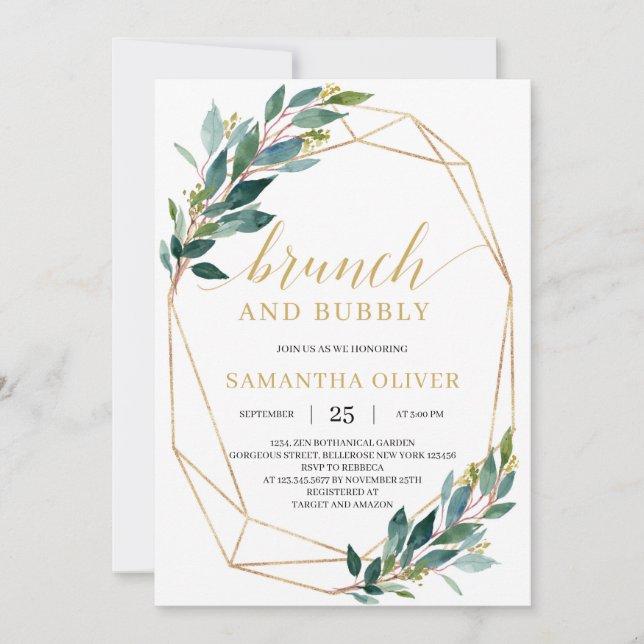 Rustic Green eucalyptus leaves brinch and bubbly Invitation (Front)