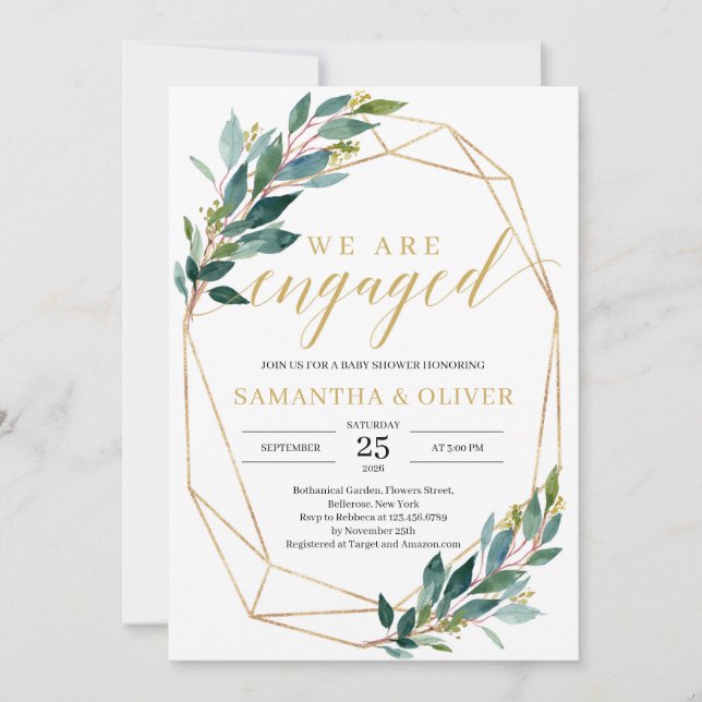 Rustic Green eucalyptus leaves gold engagement Invitation (Front)
