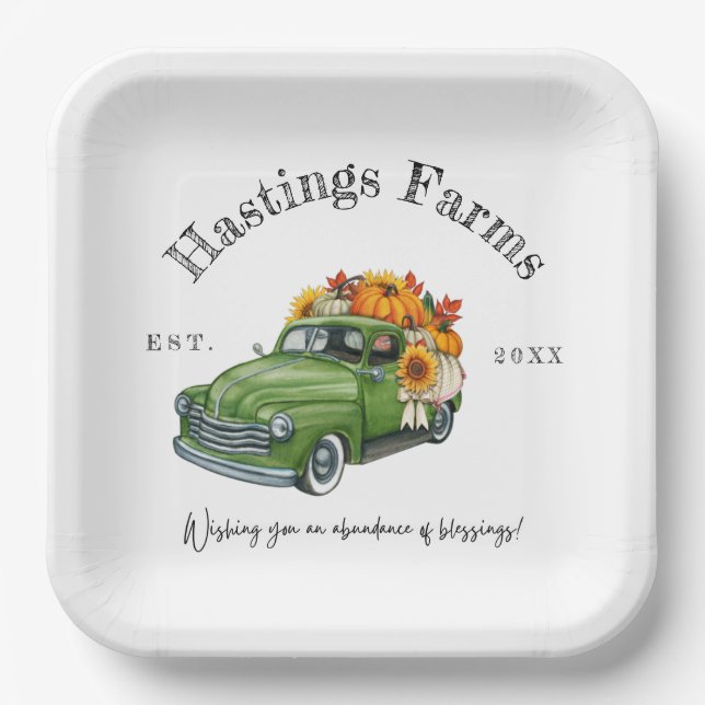 Rustic Green Farm Truck Thanksgiving Harvest Paper Paper Plate (Front)