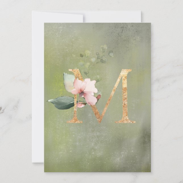 Rustic Green Floral Gold Script Wedding Thank You Card (Front)