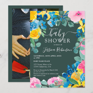Rustic green floral photo baby shower invitation