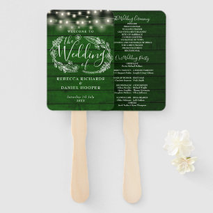 Rustic Green Floral String Lights Wedding Program Hand Fan
