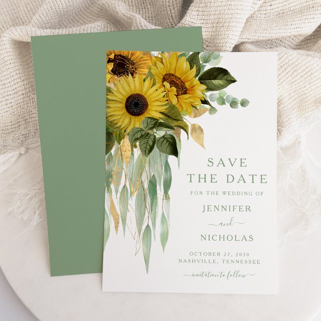 Rustic Green Floral Sunflowers Save The Date (Green Sunflower Eucalyptus Wedding Save The Date)