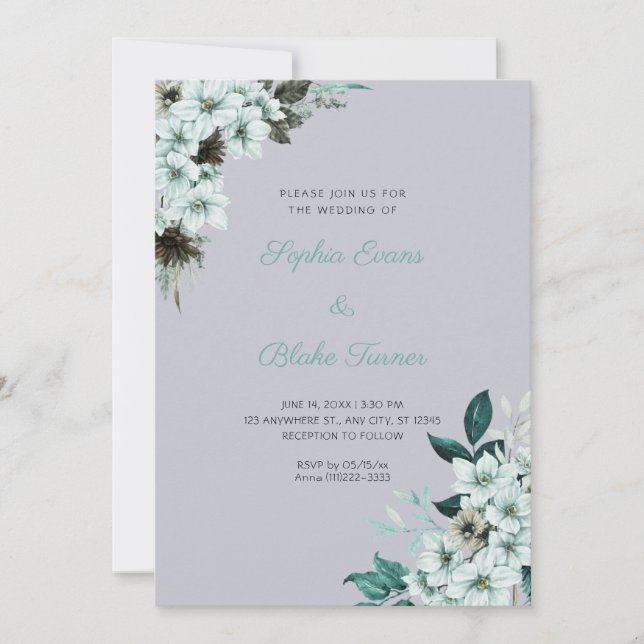 Rustic Green Flowers Boho Cloud Grey Wedding Invitation (Front)