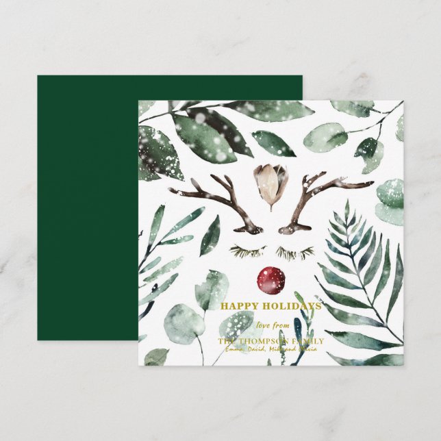 Rustic Green Foliage Snow Overlay Magnolia Holiday Card (Front/Back)