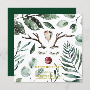 Rustic Green Foliage Snow Overlay Magnolia Holiday Card