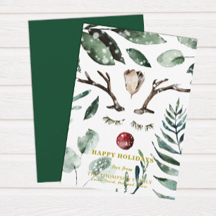 Rustic Green Foliage Snow Overlay Magnolia Holiday Card