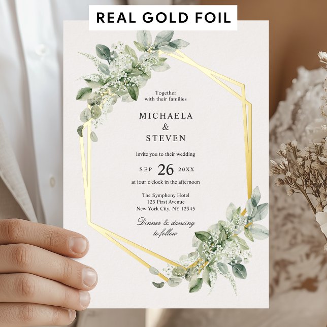 Rustic Green Geometric Greenery Wedding Real Gold (Creator Uploaded)