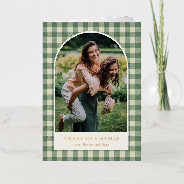 Rustic Green Gingham Arch Photo Modern Christmas Foil Holiday Card (Front)