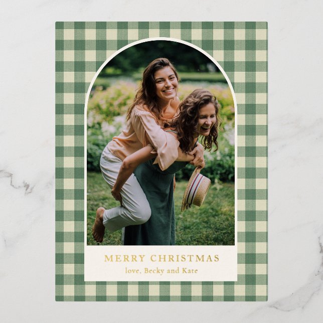 Rustic Green Gingham Arch Photo Modern Christmas Foil Holiday Postcard (Front)