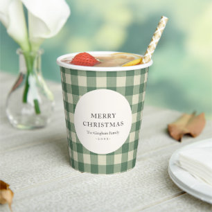 Rustic Green Gingham Modern Christmas Paper Cups