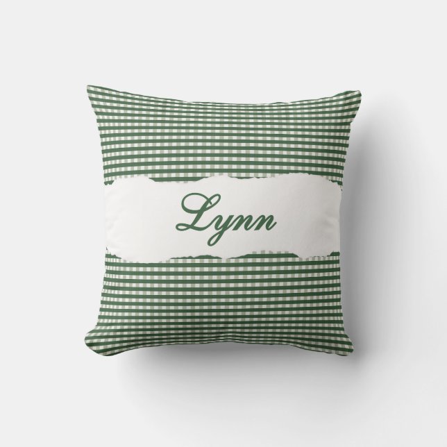 Rustic Green Gingham Personalized Name Throw Pillow (Front)