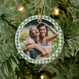 Rustic Green Gingham Photo Modern Christmas Ceramic Ornament