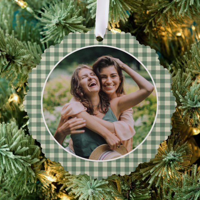 Rustic Green Gingham Photo Modern Christmas Ornament Card (Insitu (Tree))