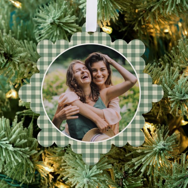 Rustic Green Gingham Photo Modern Christmas Ornament Card (Insitu (Tree))