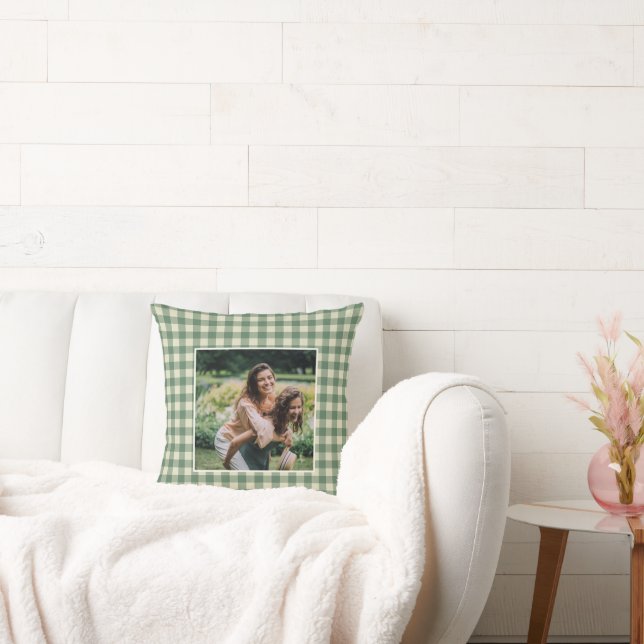 Rustic Green Gingham Photo Modern Christmas Throw Pillow (Couch)