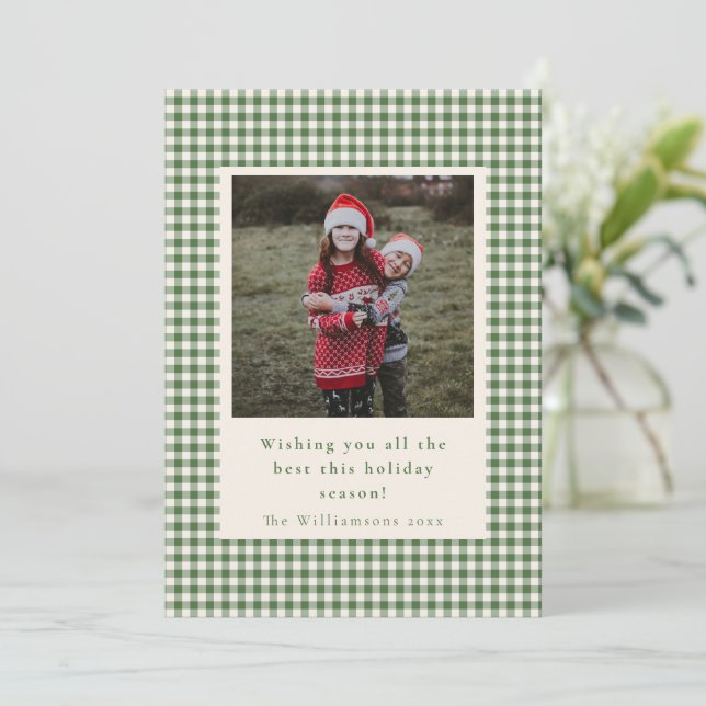 Rustic Green Gingham Plaid Two Photo Vertical Holiday Card (Standing Front)