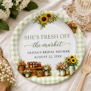 Rustic Green Gingham She's Fresh Off The Market Paper Plate
