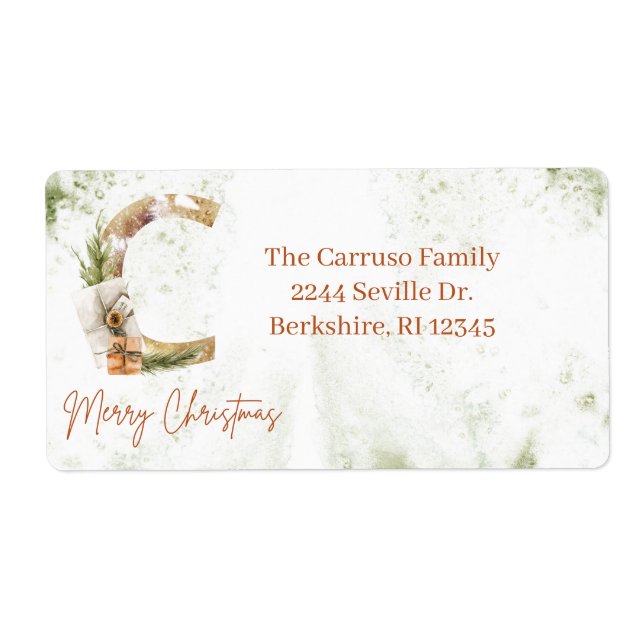 Rustic Green & Gold Christmas Monogram Watercolor  (Front)