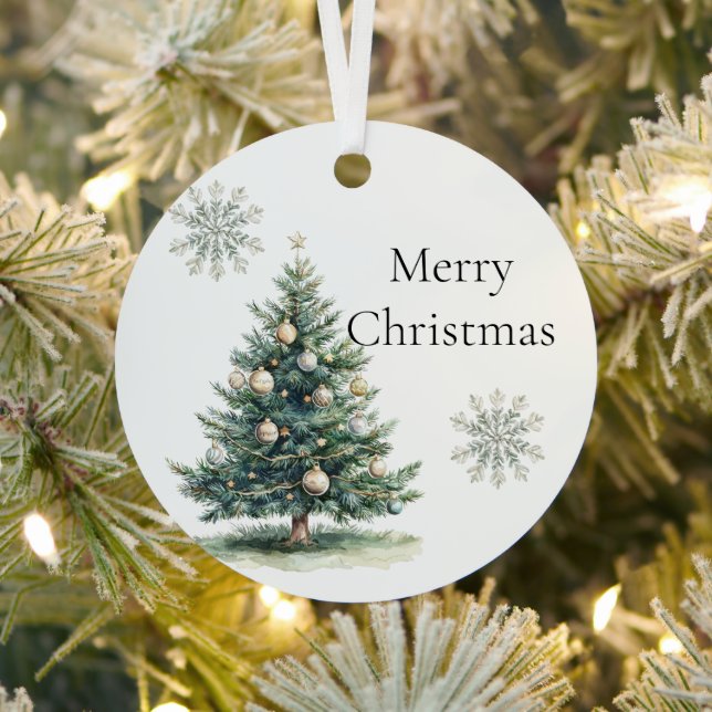 Rustic Green Gold Cream Christmas Tree Snowflakes Metal Ornament (Insitu)