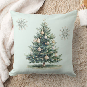 Rustic Green Gold Cream Christmas Tree Snowflakes Throw Pillow