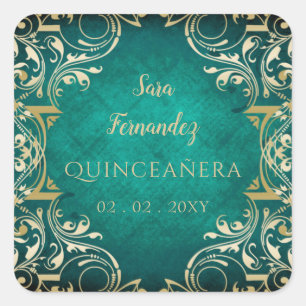 Rustic Green Gold Elegant Quinceanera  Square Sticker