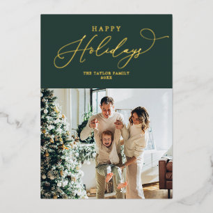 Rustic Green Gold Foil Happy Holidays Christmas Holiday Card