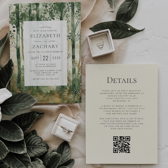 Rustic Green Gold Woodland QR Code Wedding Invitation (Creator Uploaded)
