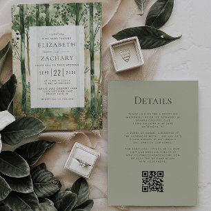 Rustic Green Gold Woodland QR Code Wedding Invitation