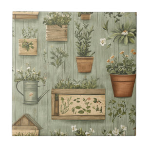 Rustic Green Herbs Vintage Wood Ceramic Tile