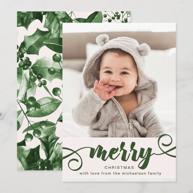 Rustic Green Holly with Photo Christmas Holiday Invitation (Front/Back)
