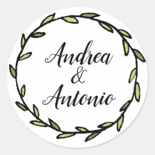 Rustic Green Leafy Wreath Wedding Classic Round Sticker
