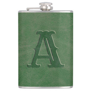 Rustic Green Leather Texture Monogram Initial Hip Flask