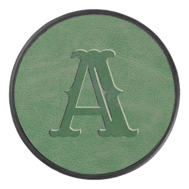 Rustic Green Leather Texture Monogram Initial Hockey Puck (Front)