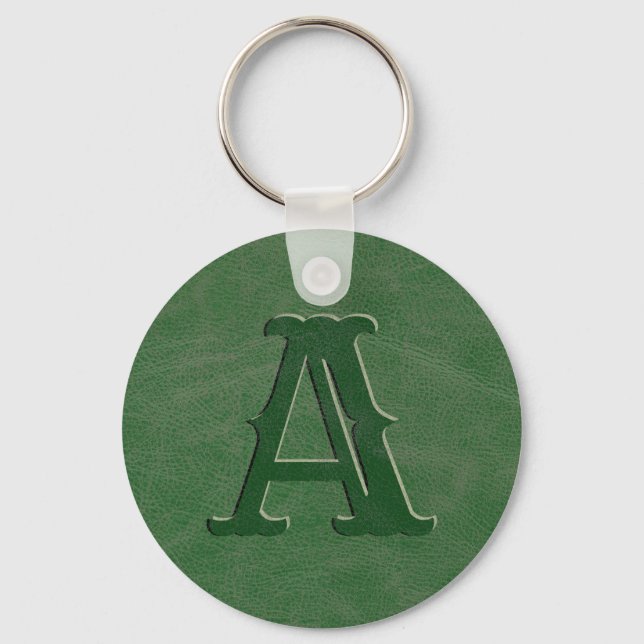 Rustic Green Leather Texture Monogram Initial Keychain (Front)