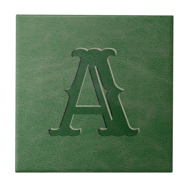 Rustic Green Leather Texture Monogram Initial Tile (Front)