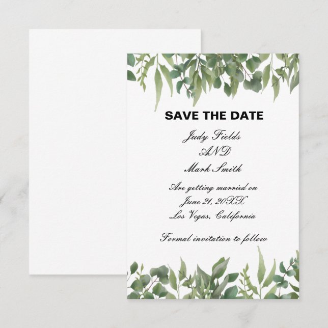 Rustic Green Leaves Greenery Foliage Save The Date (Front/Back)