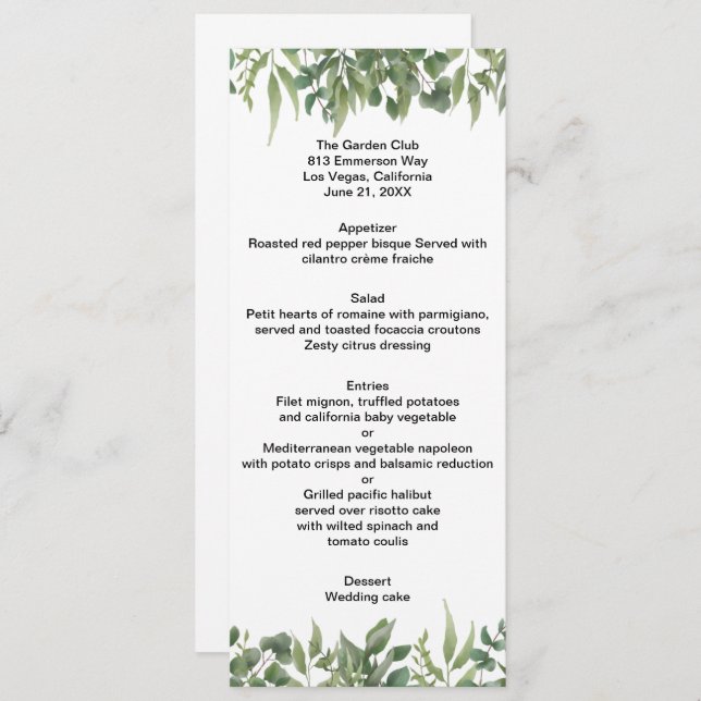 Rustic Green Leaves Greenery Foliage Wedding Menu (Front/Back)