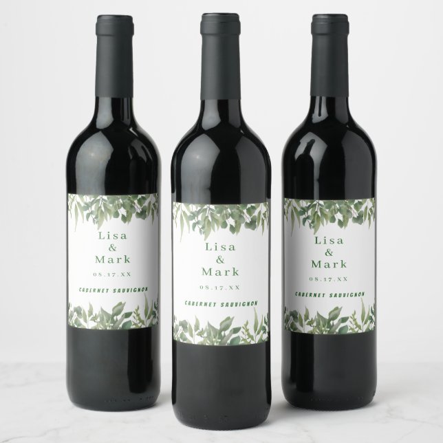 Rustic Green Leaves Greenery Foliage Wedding Wine Label (Bottles)