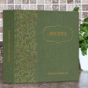 Rustic Green Linen and Elegant Gold Leaf Recipe Binder