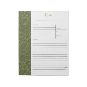 Rustic Green Linen and Gold Leaf Blank Recipe Notepad