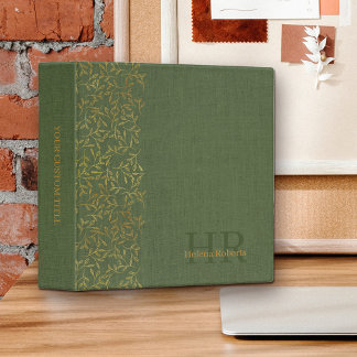 Rustic Green Linen Elegant Gold Leaf Monogrammed Binder