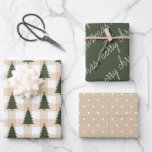 Rustic Green Merry Christmas Tree Holiday Wrapping Paper Sheet<br><div class="desc">A collection of coordinated holiday wrapping papers. One features a beige gingham background with a dark green Christmas tree pattern,  the second is a beige background with a white polka dot pattern and the third is a coordinating dark green with merry christmas in white typography. Mix and match.</div>