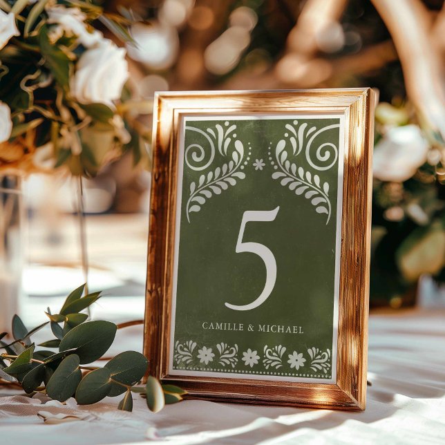 Rustic Green Mexican Wedding Table Number (Green Papel Picado Wedding Table Numbers signs)