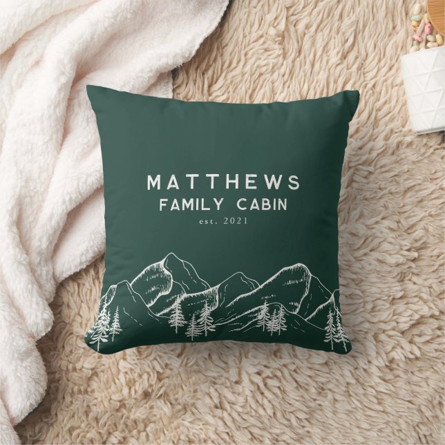 Rustic Green Monogram Mountains Winter Family Throw Pillow (Blanket)