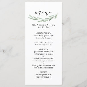 Rustic Green Olive Branch Simple Wedding Menu Card